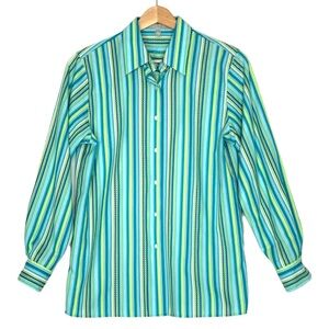 Foxcroft Women's Wrinkle Free Button Down Top Size 2 Petite Blue White Green